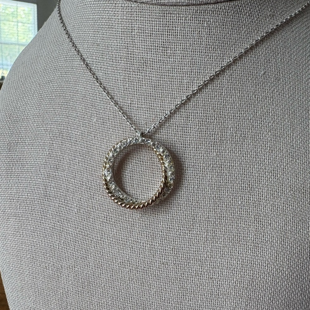 Vintage Avon Silver and Gold Double Ring Crystal Pendant Necklace - Picture 3 of 4